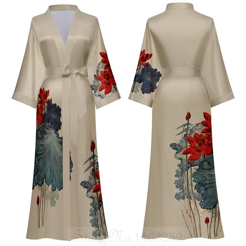 Chinese Style Print Women Long Robe Nightgown Retro Satin Sleepwear Nightdress Half Sleeve Kimono Bathrobe Gown Loose Home Wear One size