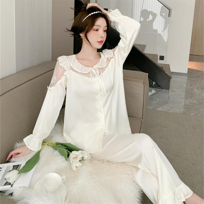 Summer New Satin Pajamas for Women, Ice Silk Cardigan, Hollow Lotus Leaf Collar, Home Wear, Lace Pajamas Set, Pajamas XL white