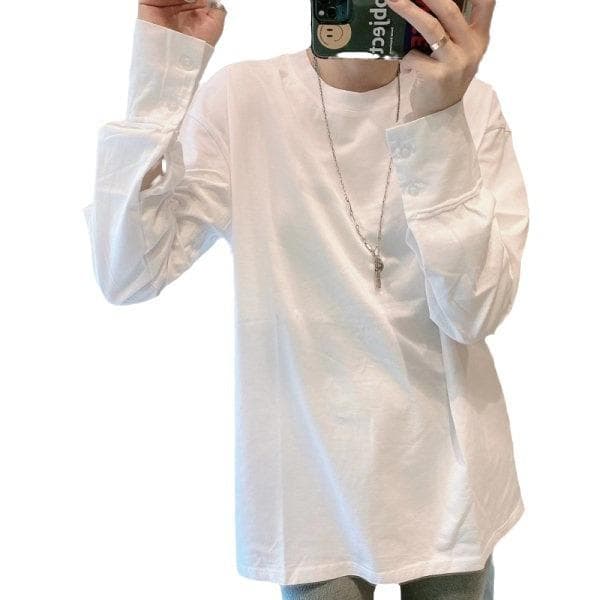 Spring, Autumn and Winter Design White Long Sleeve T-Shirt Women's Medium and Long Loose Bottom Shirt Top XL