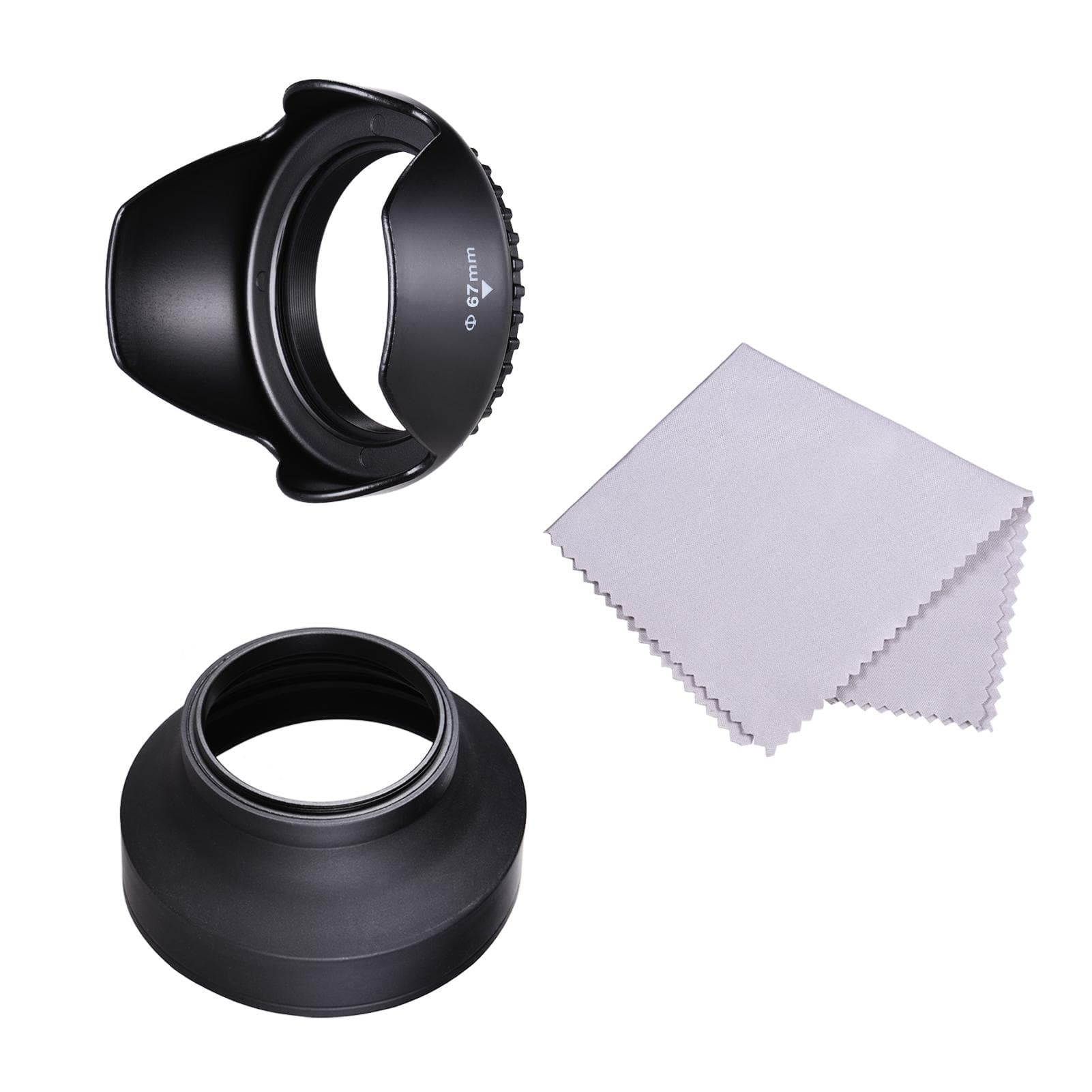 67mm Lens Hood Set with Tulip Flower Lens Hood + Collapsible Rubber Lens Hood + Lens Cleaning Cloth 67mm