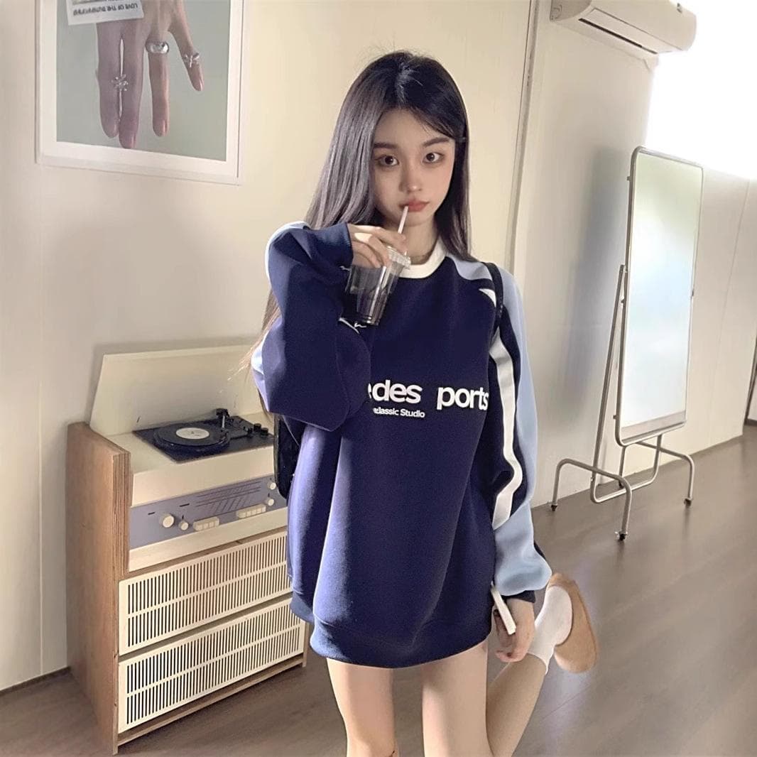 Contrasting Color Splicing Shoulder Sleeve Sweater Women's Autumn and Winter New Design Sense Loose and Thin Long-sleeved Top XL blue