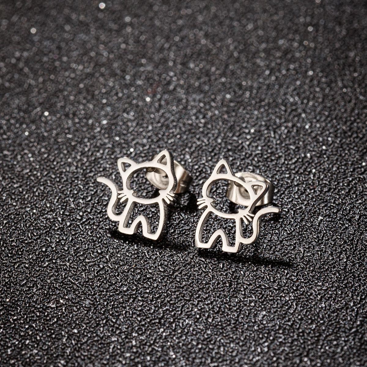 1 Pair Cute Cat Stainless Steel Stud Earrings for Mens Womens Punk Students Gifts Trend Fashion Small Ear Studs Jewelry silver