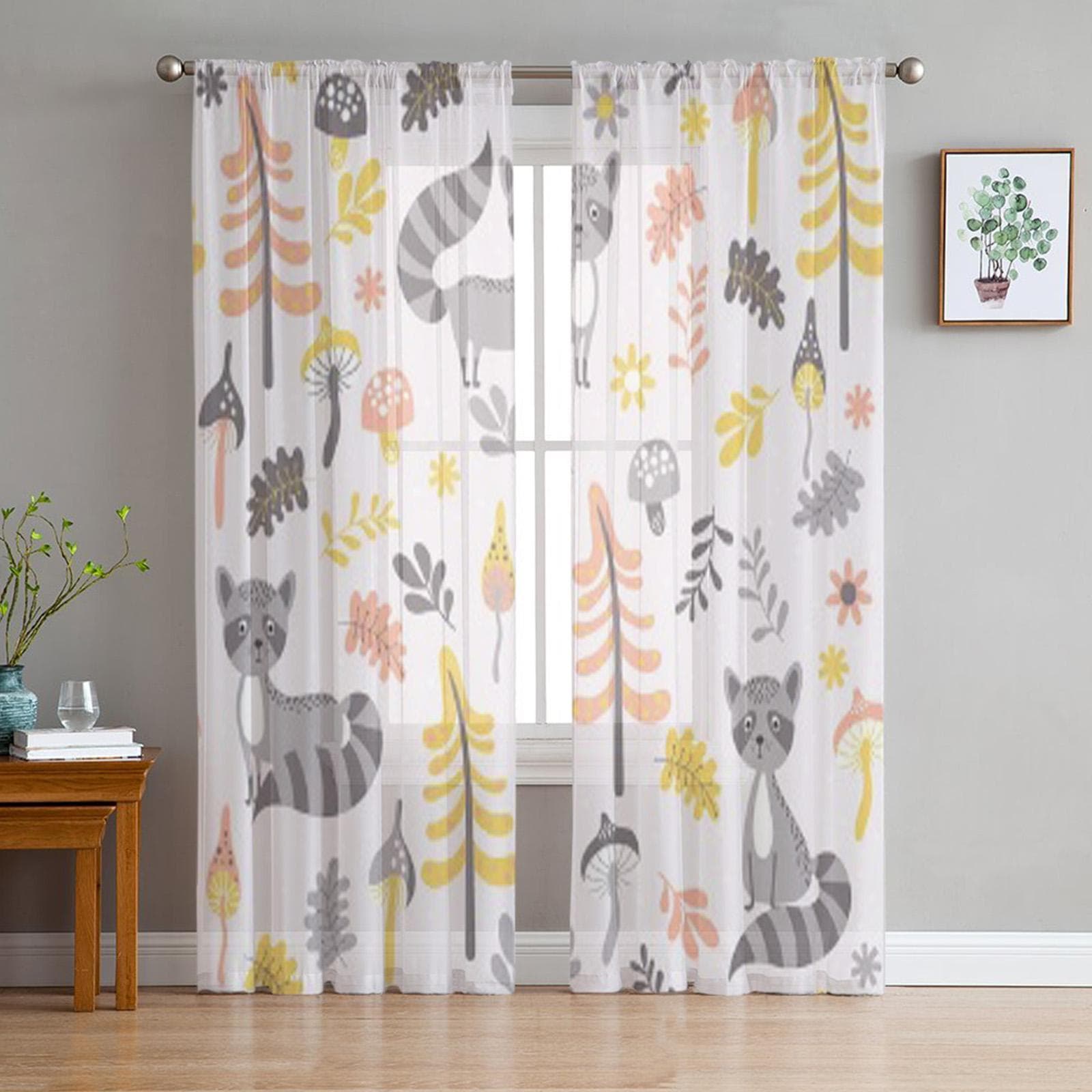 Raccoon In Forest Tulle Sheer Window Curtains For Living Room The Bedroom Modern Chiffon Voile Organza Curtains Decor Drapes 135W x 114H(cm)