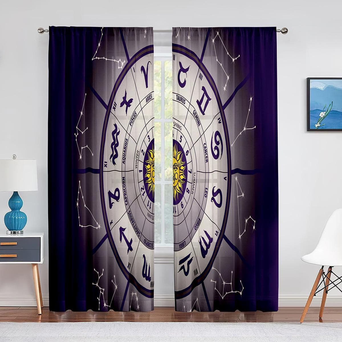 Astrology Tulle Curtains Constellation of Zodiac and Planets Window Sheer Voile Curtain for Living Room Bedroom Kitchen Decor 1 PCS W100XH250cm&Grommet Top