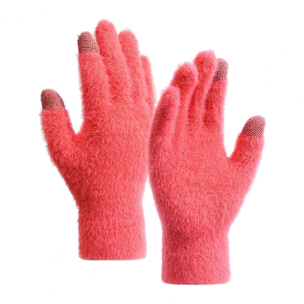1 Pair Unisex Winter Gloves Thick Plush Five Fingers Non slip Solid Color Stretchy Heat Retention Cycling Outdoor A One Size watermelon red