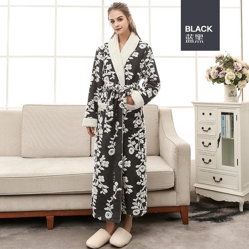 Women's Winter Luxury Robe Fluffy Fleece Dressing Gown Long Soft Warm Sleepwear Fuzzy Housecoat Cosy Bathrobe with Jacquard L