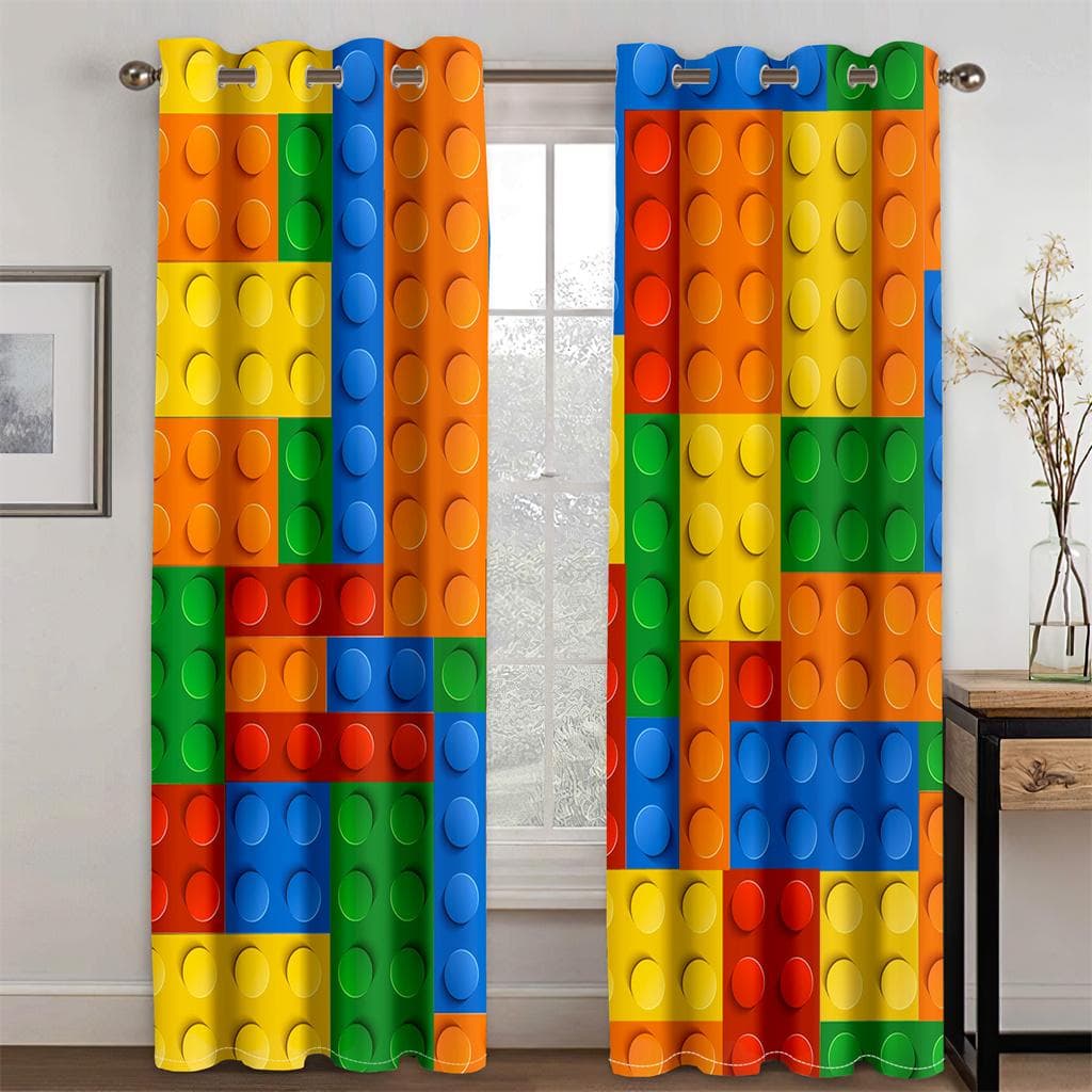 Kids Like Cartoon Game Handle Color Square Curtain 2 Panel Boys Room Bedroom Living Room Window Decoration Curtains 135W245H(CM)53x96in&Grommet Top