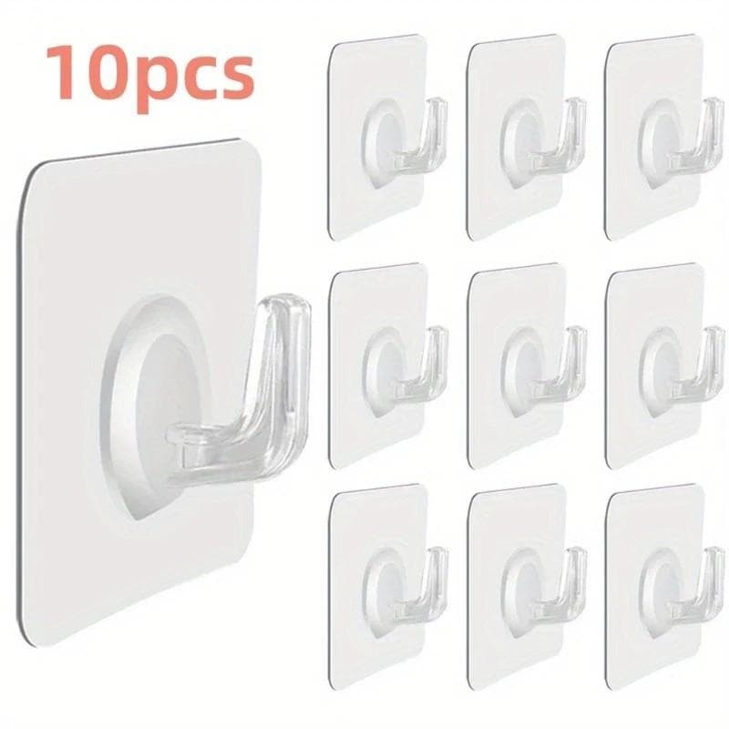 10Pcs Transparent Wall Hooks Hangers Self Adhesive Door Wall Hangers Hooks Heavy Load Rack Kitchen Bathroom Organizer Holder Utility Hooks