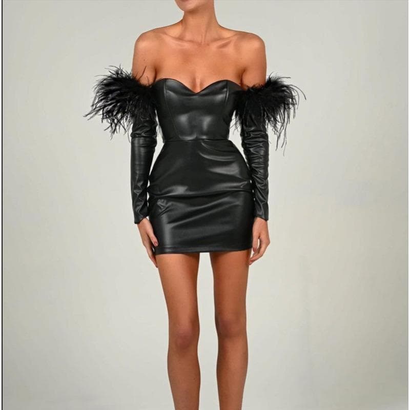 Women's Autumn and Winter New Sexy Strapless Waist Long Sleeve PU Women's Dress M