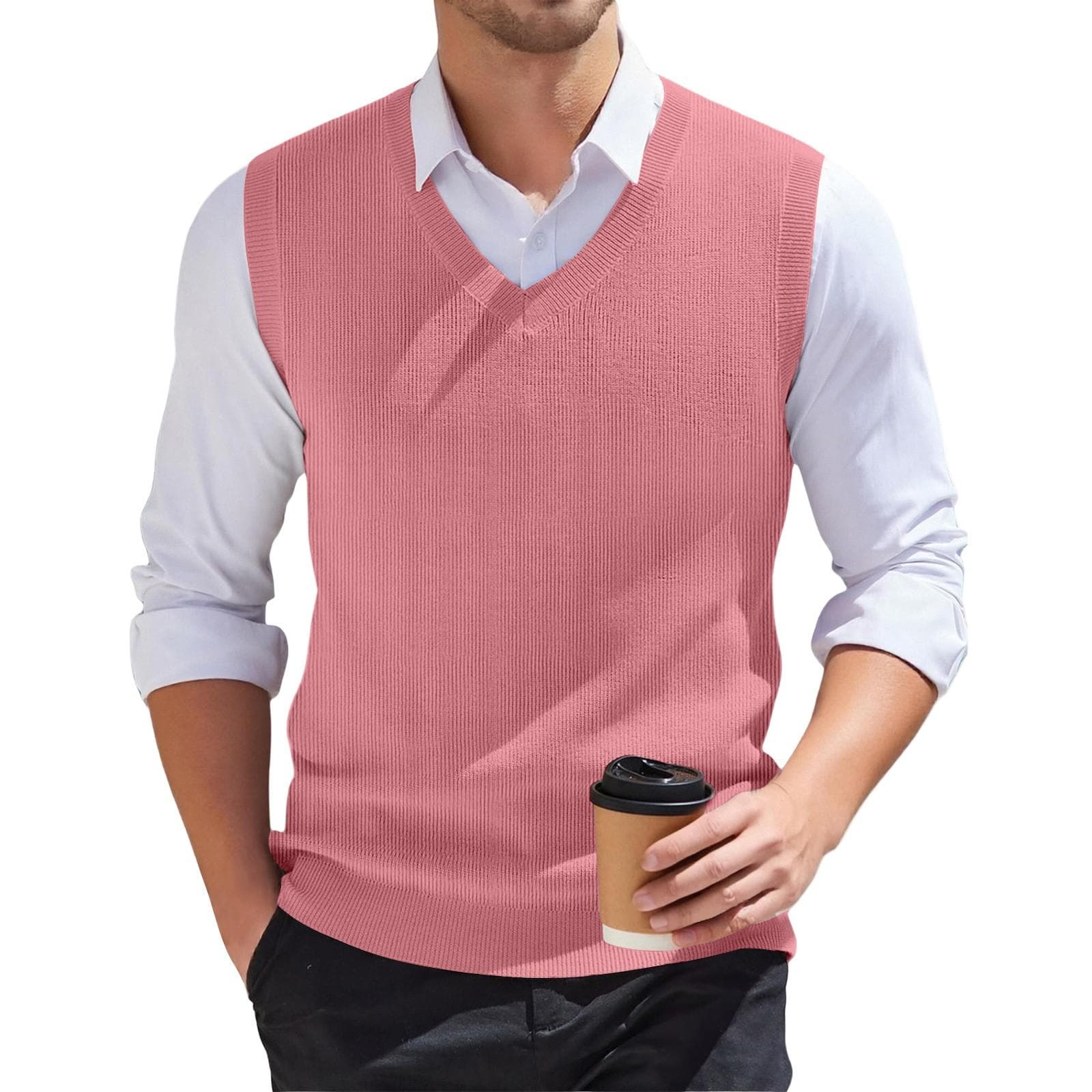 Men's V-neck Vest Sleeveless Knitted Pullover L pink