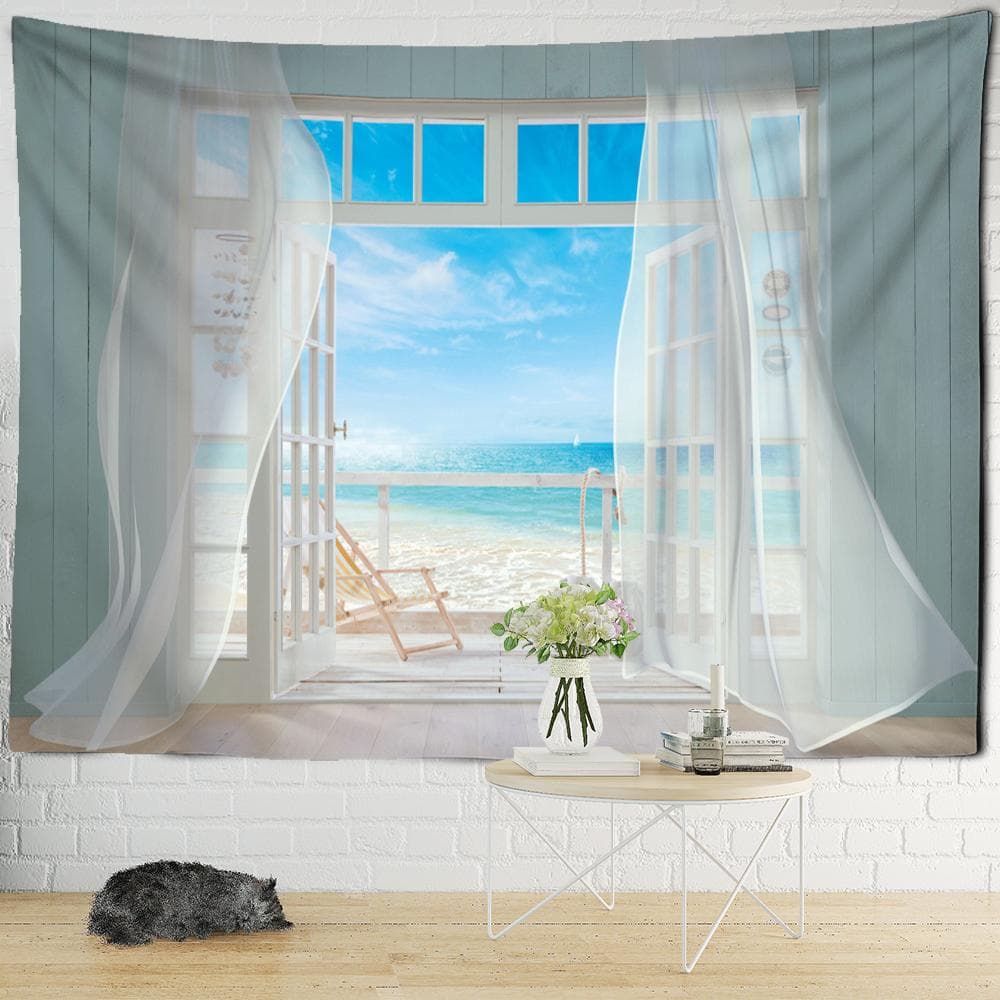 Landscape Beach Window Painting Tapestry Wall Hanging 3d Print Boho Tropical Hippie Tapiz Home Decor 230x150cm