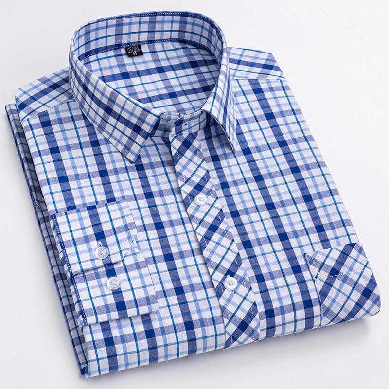Pure Cotton Mens Plaid Shirts Long Sleeve Busienss Casual Classical Checked Design Fashion 40