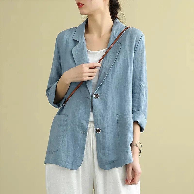 Women's Cotton and Linen Suit Jacket Loose Casual Long Sleeved Suit Top L blue