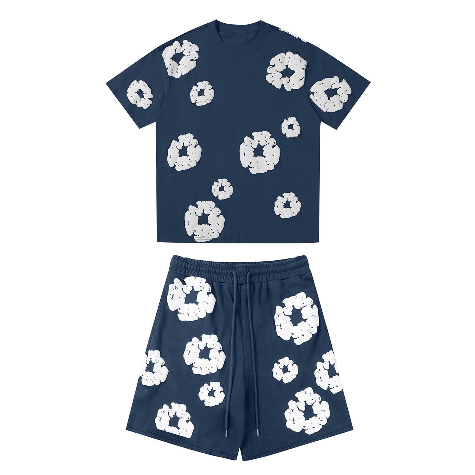 Women's And Men's Casual Loose Fitting Printed T-shirt And Shorts Two-Piece Street Fashion Trend Short Sleeves+shorts S blue