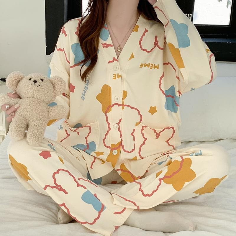 Bear Star Pajamas Set Women Long Sleeves Long Pants Autumn Winter Cute Kawaii Sleepwear Woman Pyjamas Girls Pijamas Soft Cozy Pj 2XL