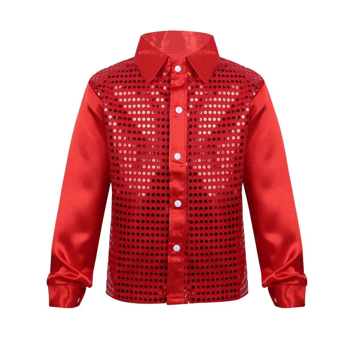 Kids Boys Sequins Long Sleeve Button Down Dance Shirts for Hip Hop Jazz Latin Dance 12-14 Years red