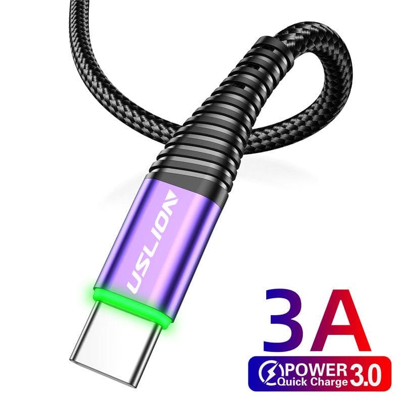 USLION 3A 2m Type C USB Cable Mobile Phone Charger Type-C Fast Charging Andriod Microusb Data Cord 0.5M purple