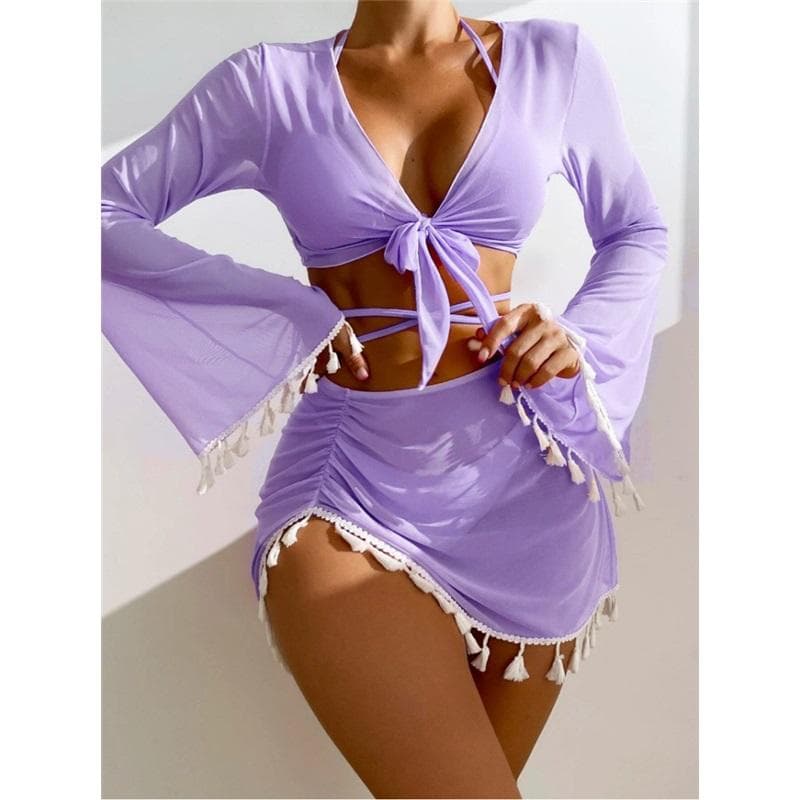 4 Piece Solid Color Fringe Cover Up Mesh Skirt Bikini Swimwear Set Women's Stylish Beachwear XL purple