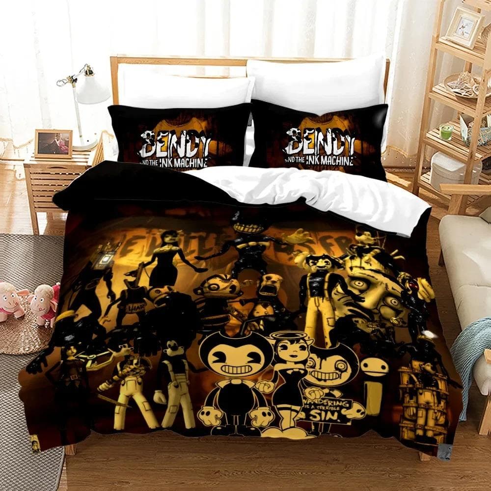New Anime Bendy & Ink Machin Bedding Set Single Twin Full Queen King Size Bed Set Adult Kid Bedroom Duvetcover Set Home Textile AU Single 140x210cm