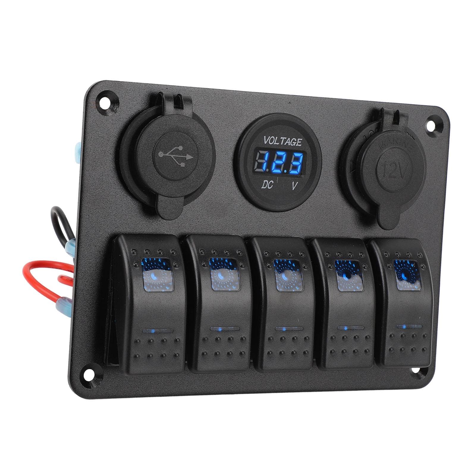 Switch Panel DC 12 to 24V 5 Gang Aluminum Alloy IP65 Water Resistant Prewired Rocker Switch Panel