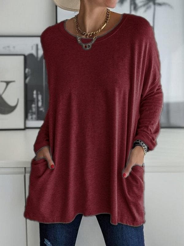 Women's Casual Spring and Summer Pocket Tunic Top O-neck Shirt Long Sleeve Shirt Fashion Large Size Loose Solid Color T-Shirt XL wine red