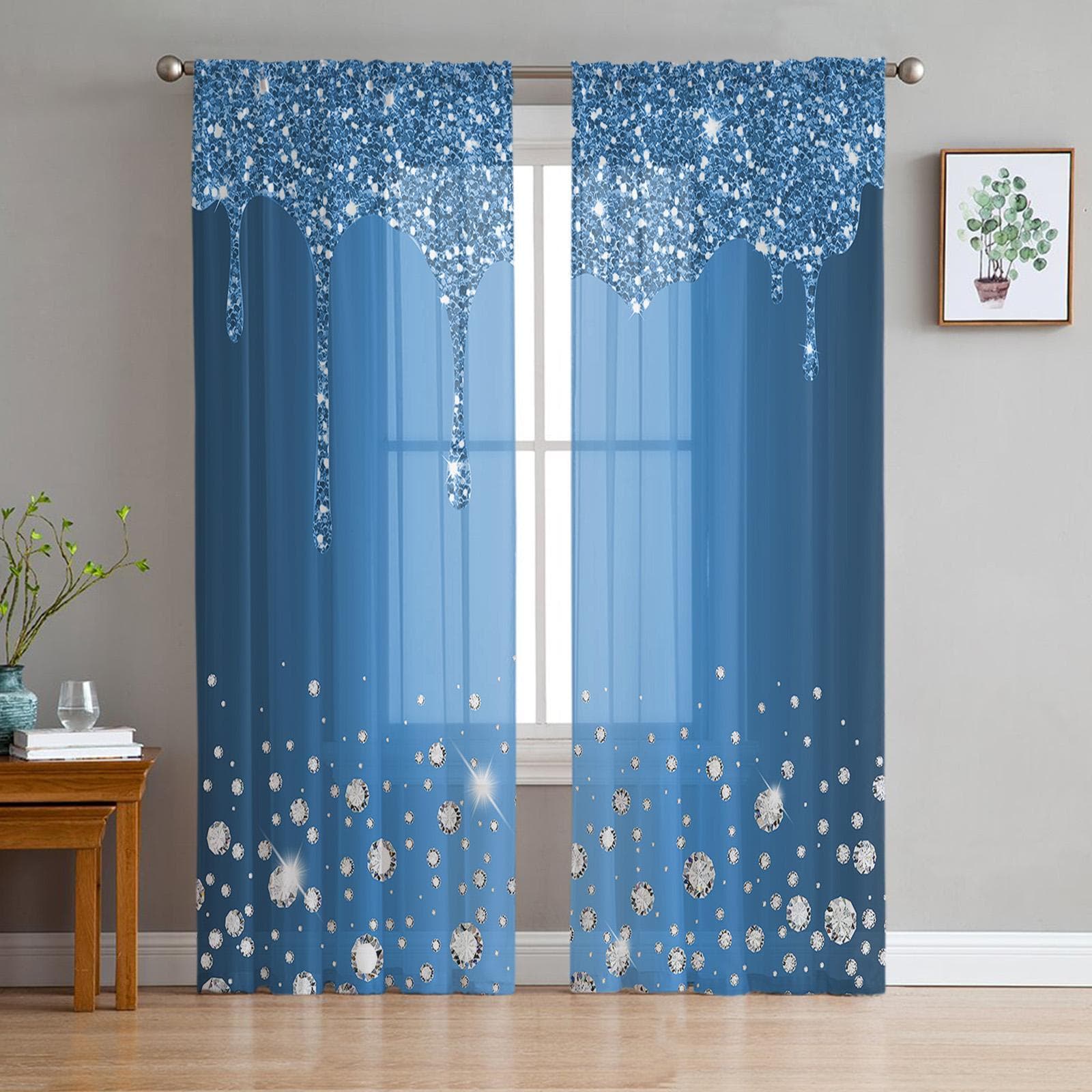 Blue Shiny Diamond Droplet Texture Window Curtains For Living Room Bedroom Kitchen Chiffon Sheer Window Treatment 135W x 114H(cm)