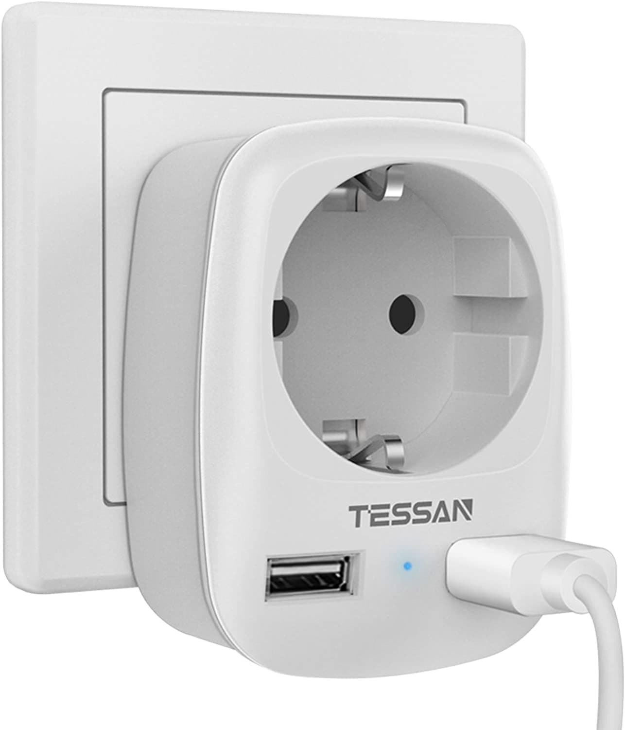 TESSAN Mini EU Plug Extension Socket Power Strip with 1/2/3 Outlets 2 USB Ports Wall Charger Adapter Plug with Overload Protection 1 Outlets & 2 USB Ports gray