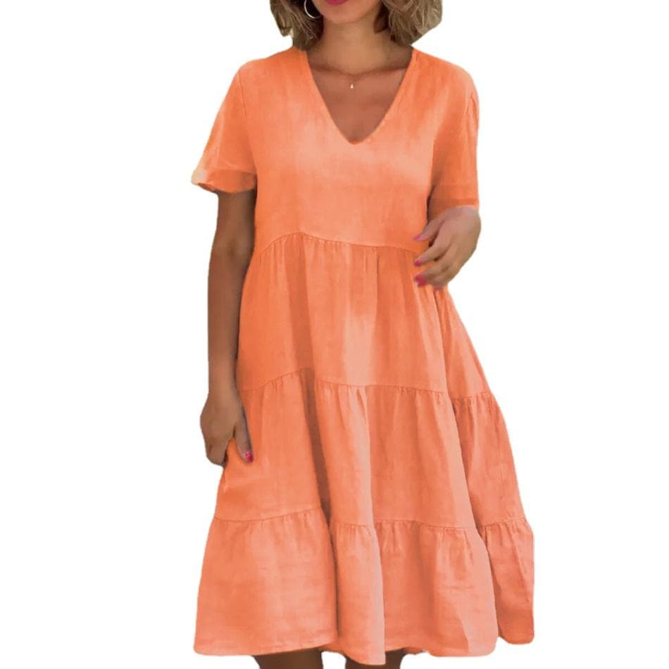 GMXIA Women's Fashion Summer Spring Fresh and Sweet Solid Color Print Short Sleeve V-Neck Big Swing Loose Casual Dresses 2XL