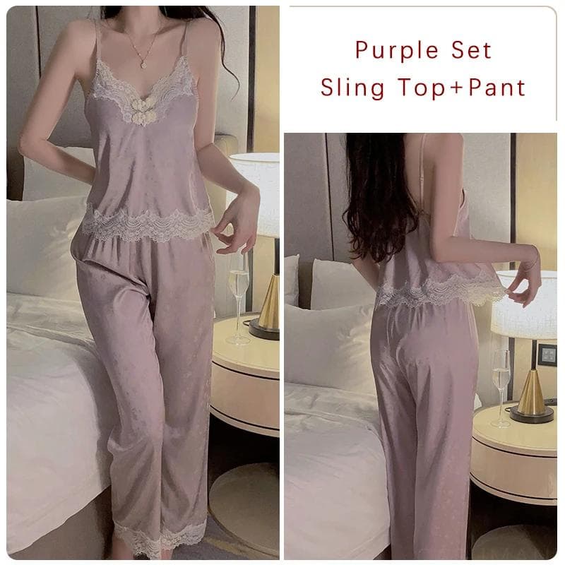 Sexy Pajamas Set for Women, New Lace Pajamas with Breast Pads and Straps, Lace Tops, Trousers and Outer Pajama Sets for Women XL