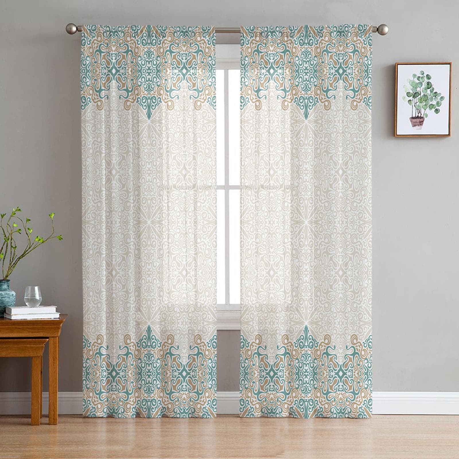 Bohemian Retro Ethnic Tulle Curtains For Living Room Voile Sheer Window Curtain For Bedroom Chiffon Curtains For Kitchen 135W x 114H(cm)