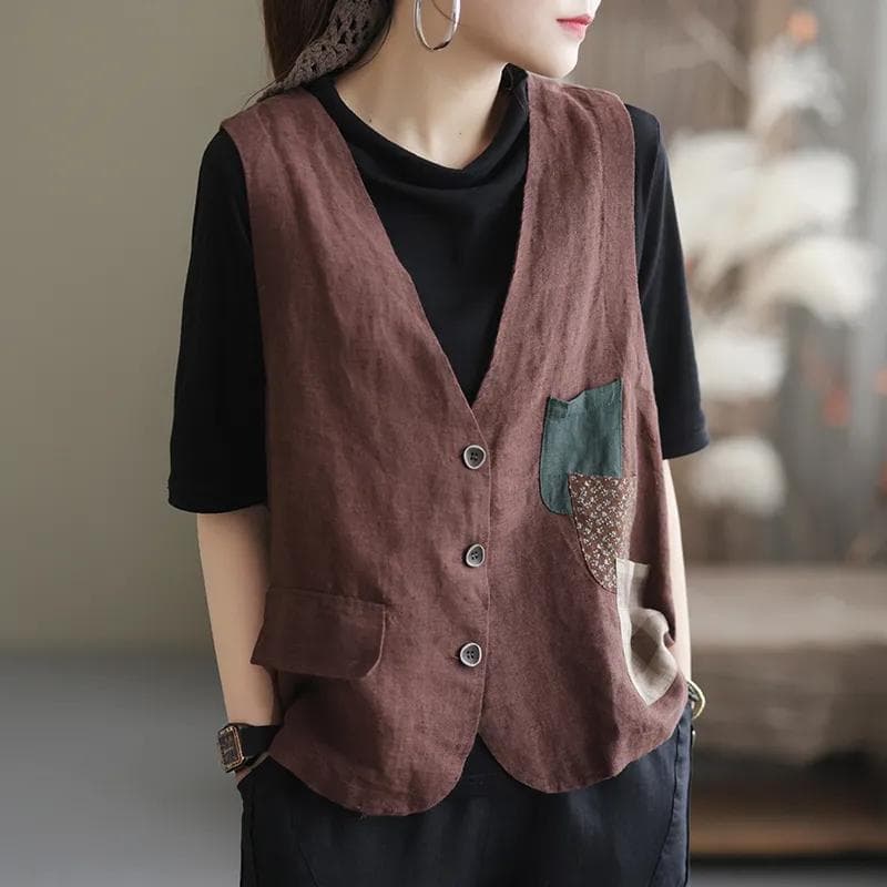 Vest Women's Casual Retro Loose  Sleeveless Vest Waistcoat Vest Jacket L coffee