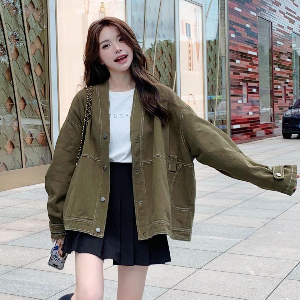 Military Green Denim Jacket for Women Spring and Autumn New Retro Workwear Style Casual Jacket Small Man Jacket Top XL