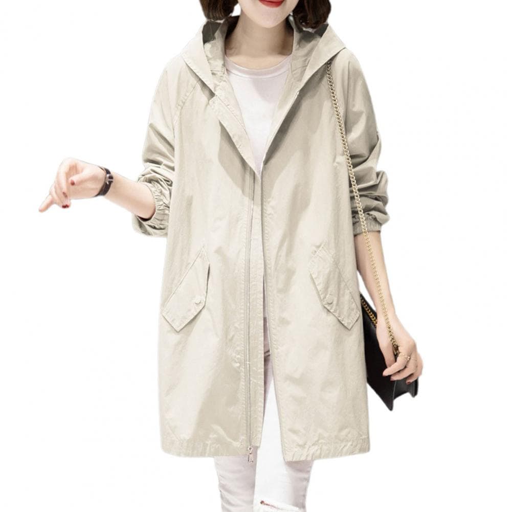 Fall Spring Women Coat Hooded Zip-up Long Sleeves Loose Cardigan Drawstring Mid Length Overcoat with Pockets Thin Daily Wear Wor XL beige