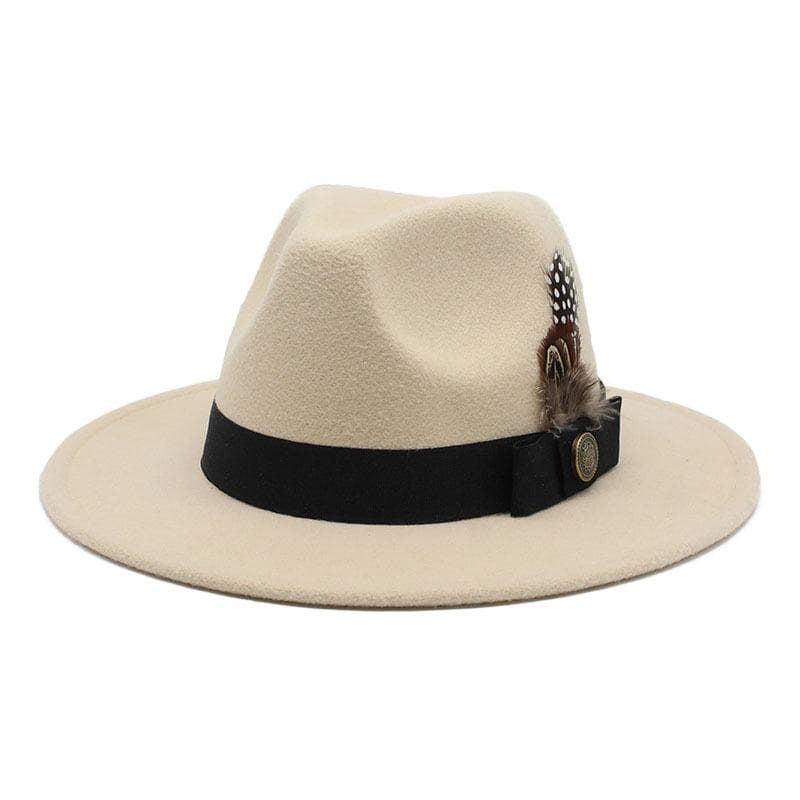 White Woolen Gentleman Classic British Jazz Feather Top Hat Wide Brim Party Church Wedding Fedora Hats Men Women Panama Felt Cap M 56-58cm beige