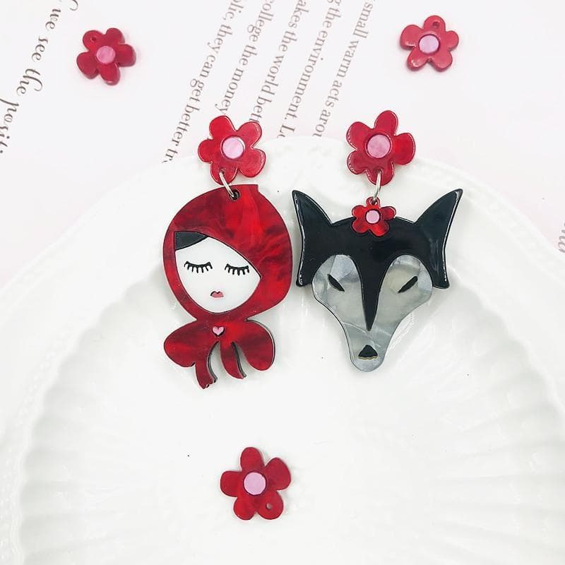 Cartoon Asymmetric Dangle Earrings Cute Funny Wolf Red-cap Figure Acrylic Jewelry Women Girls Party Unique Accessories