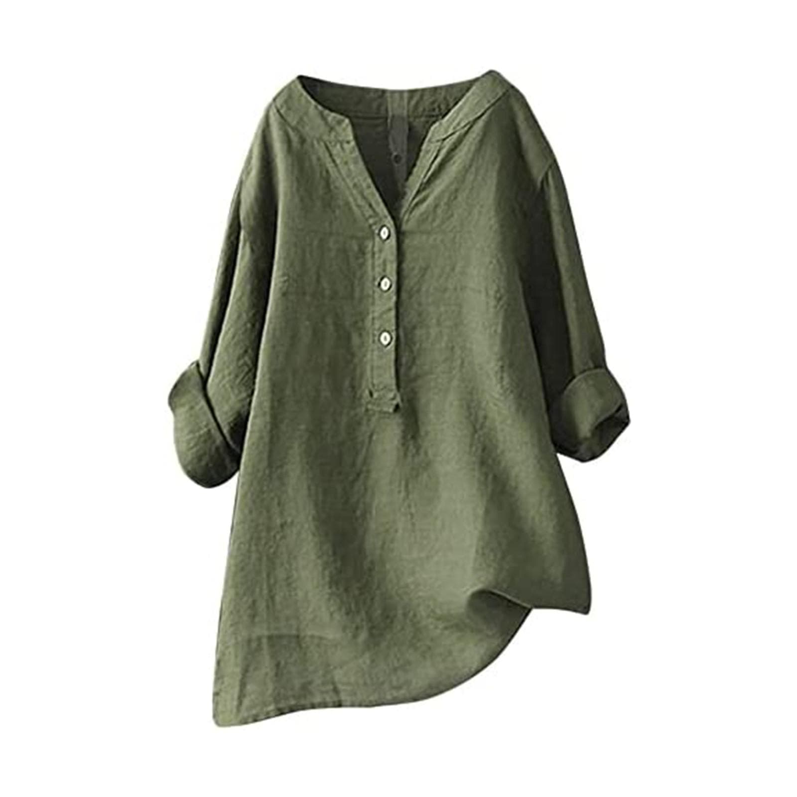 Women Solid Stand Collar Long Sleeve Shirt Casual Loose Blouse Button Down Tops XXXXL army green