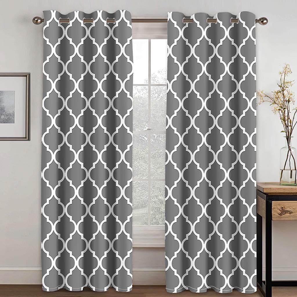 Grey and White Curtains Geometric Moroccan Printed Decoration For French Window Home Parlou Bedroom LivingRoom 150W166H(CM)59x65in&Grommet Top
