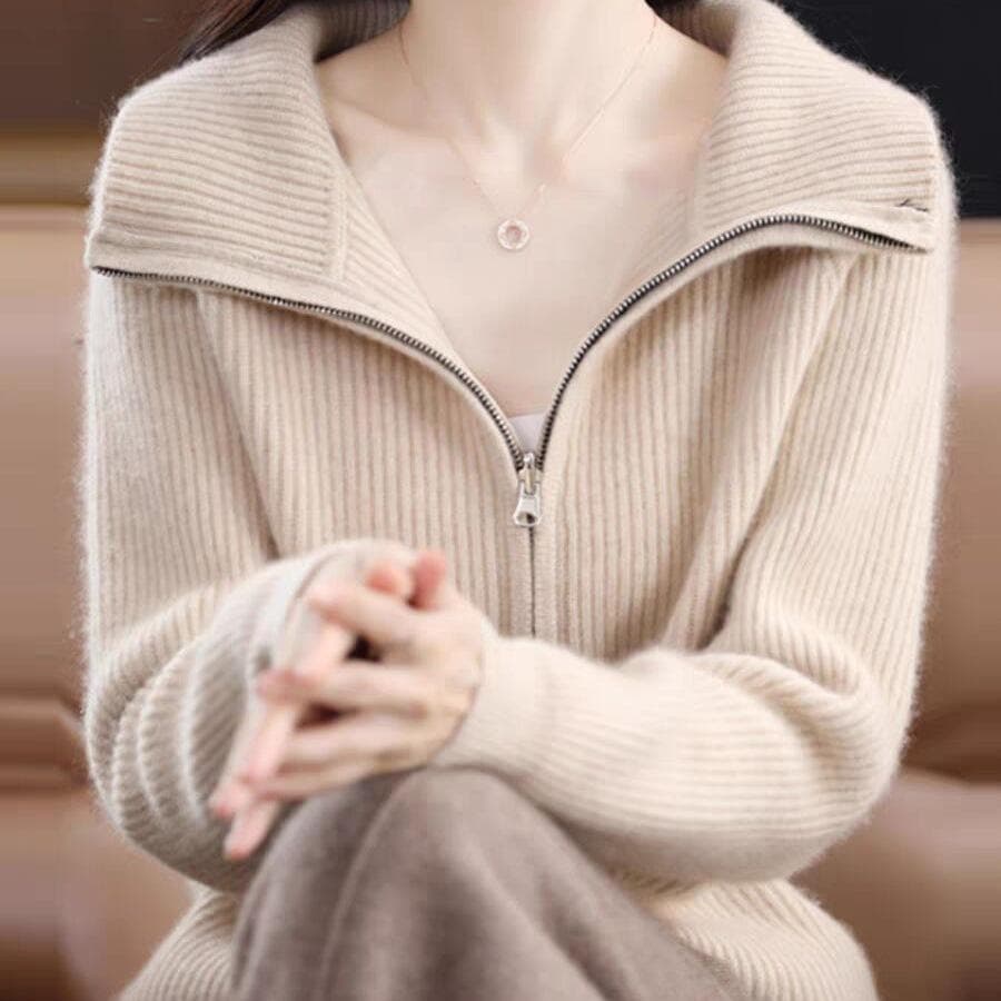 New Cardigan Women's Lapel Zipper Solid Color Jacket Loose Slimming Cashmere Knitted Sweater S