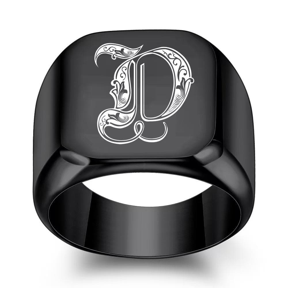 Retro Initials Signet Ring for Men Bulky Heavy Stamp Male Band Stainless Steel Letters Jewelry 9