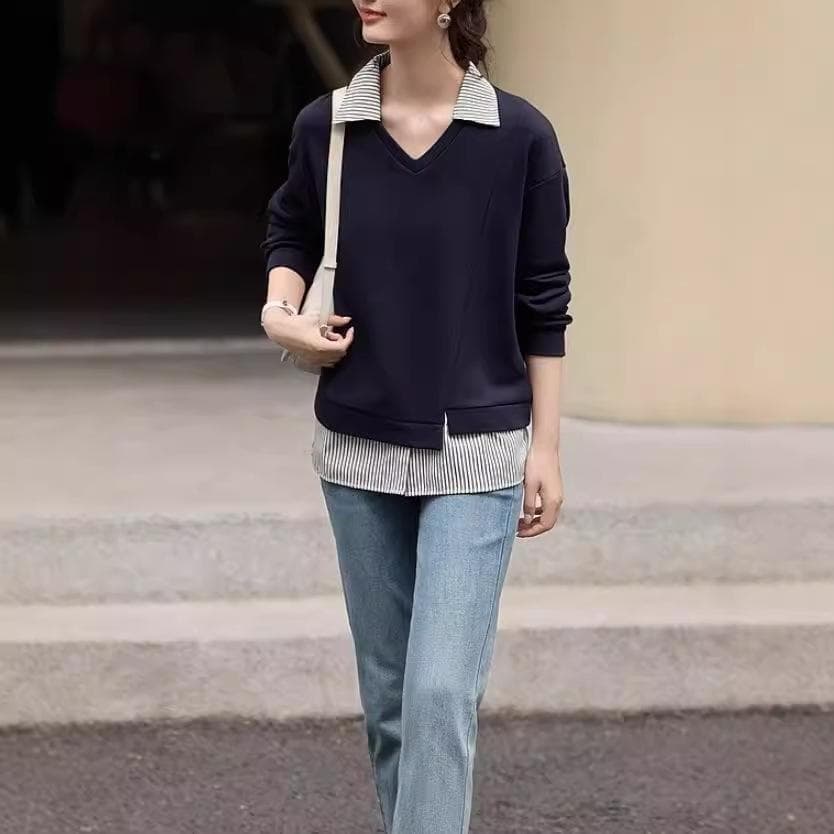 Light Casual Contrast Color Split Sweatshirt In Autumn New Design V-neck Splicing Shirt Collar Top 2XL