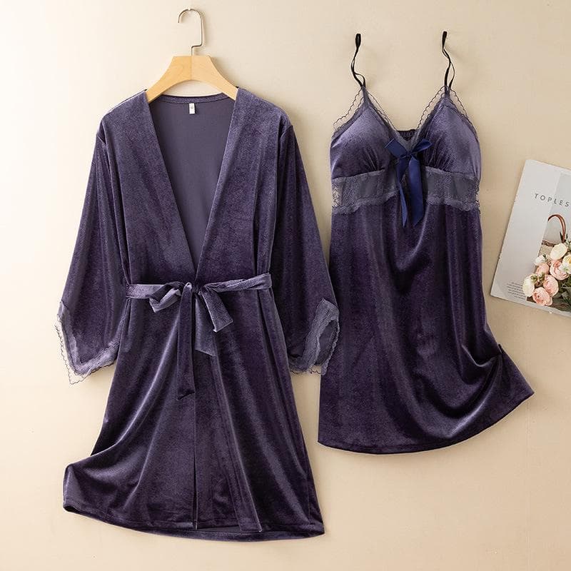 New Autumn Velvet Pajamas Two-piece Robe Set Feminine Lace See-through Robe Bathrobe Casual Velvet Home Clothes L