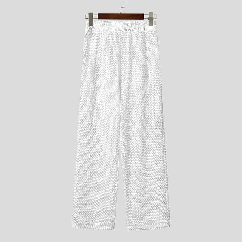 INCERUN Men Mesh Elastic Waist Hollow Out See Through Beach Long Trousers 2XL white