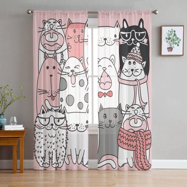 Cartoon Pink Cat Cute Window Curtains Living Room Tulle Curtains Kitchen Decor Kids Room Curtain Window Treatment 135W x 114H(cm)
