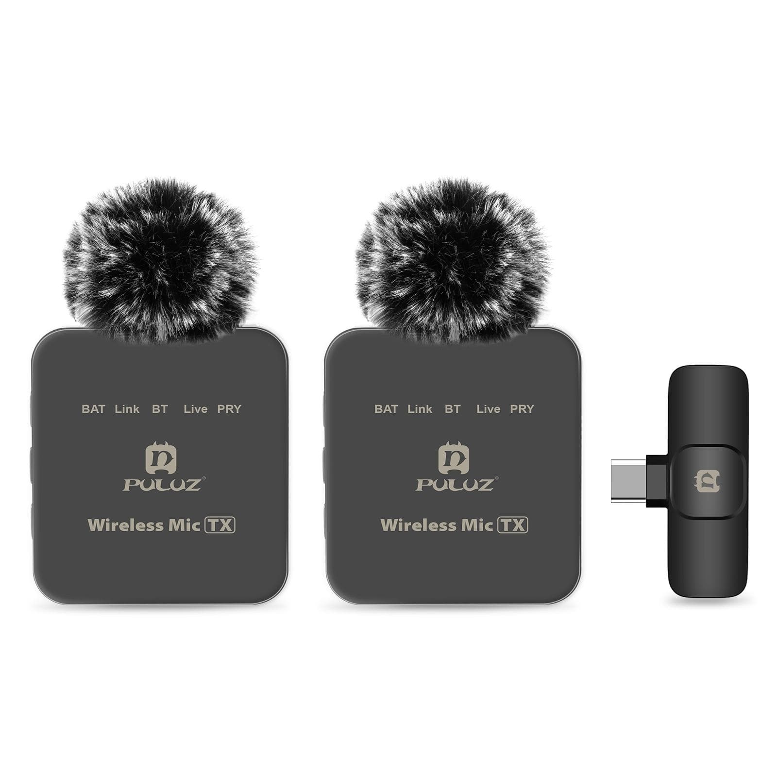 PULUZ PU648B Wireless Microphone System with 1 Receiver & 2 Transmitters 10M Transmission Range Type-C digital output black