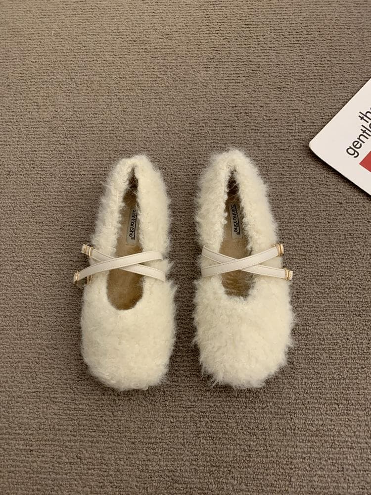 2024 Spring Lambhair Women Ballet Laofer Flat Shoes Fashion Shallow Slip On Ladies Fur Mary Jane Shoes Soft Outdoor Granny Shoes 38