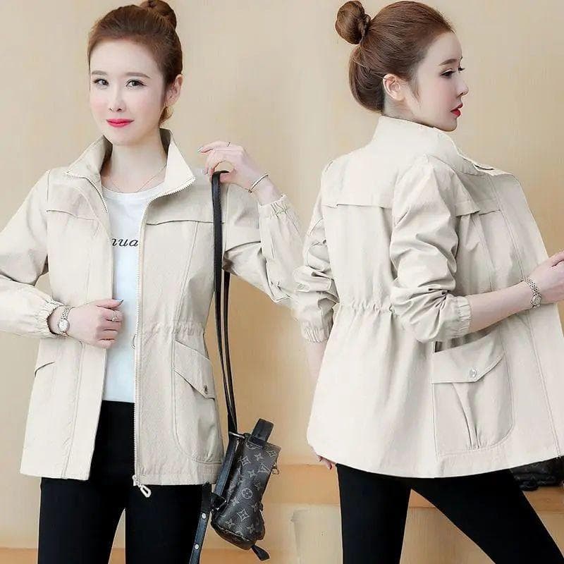 Women's Short Jacket Spring and Autumn Versatile Plus Size Jacket Solid Color Loose Waist Jacket Top L beige