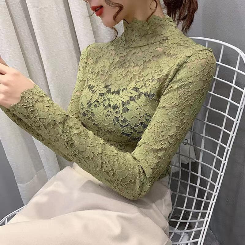 Autumn/Winter Lace Mesh Turtleneck Slim-Fit Women's Long-Sleeved Top 5XL (145-155 jin)