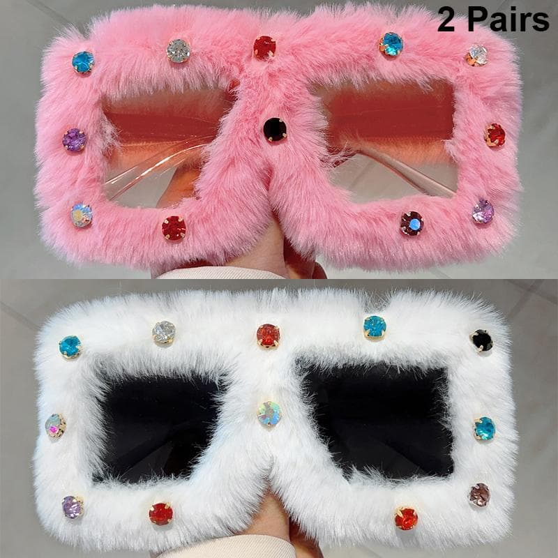1 Pair Square Furry Sunglasses with Rhinestones Women Fashion Oversized Winter Shades Trendy Chic Handmade Sun Glasses as picture shows