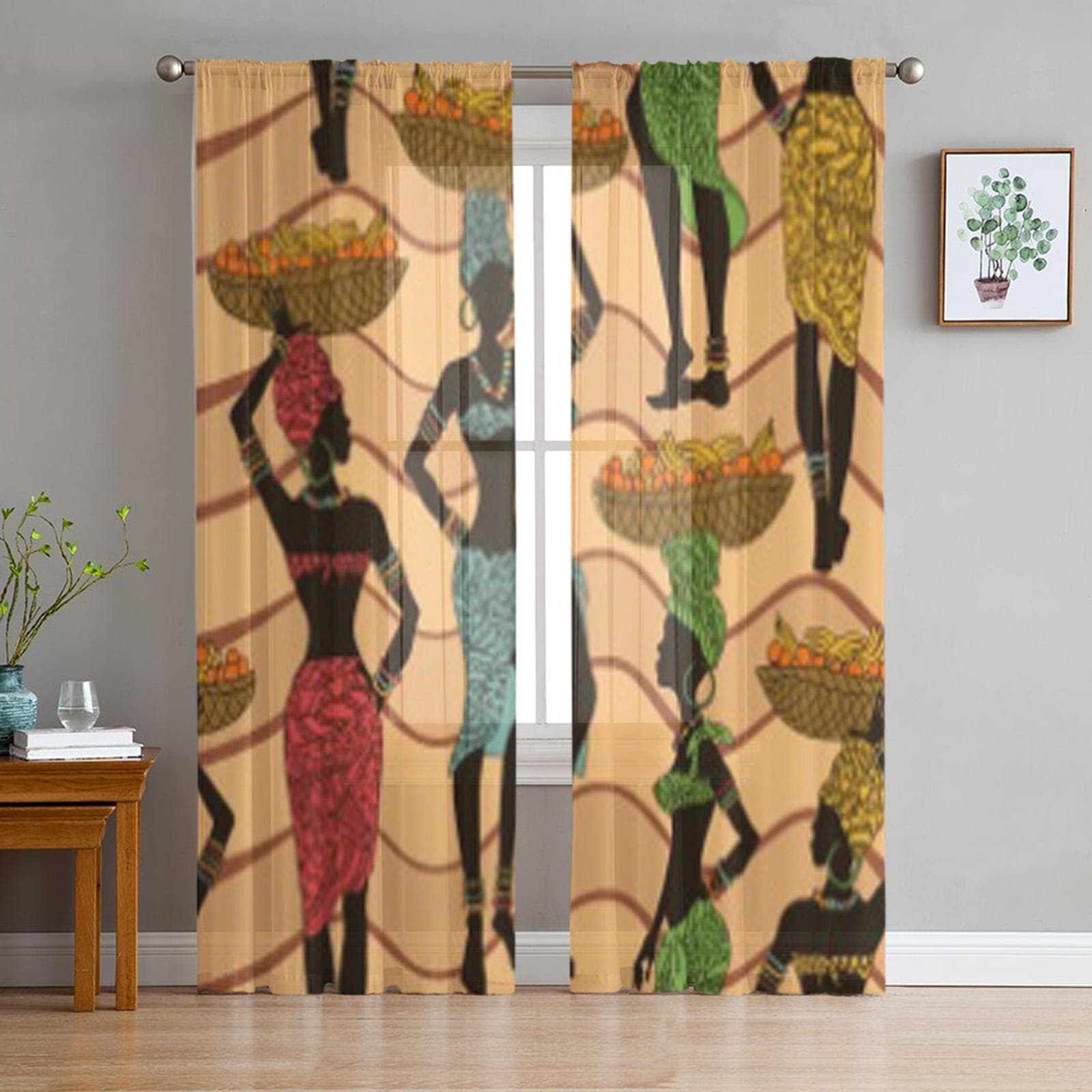 African Woman Street Vendors With Fruit Baskets On The Heads Tulle Sheer Curtains for Living Room Decor Voile Organza Curtain 135W x 114H(cm)