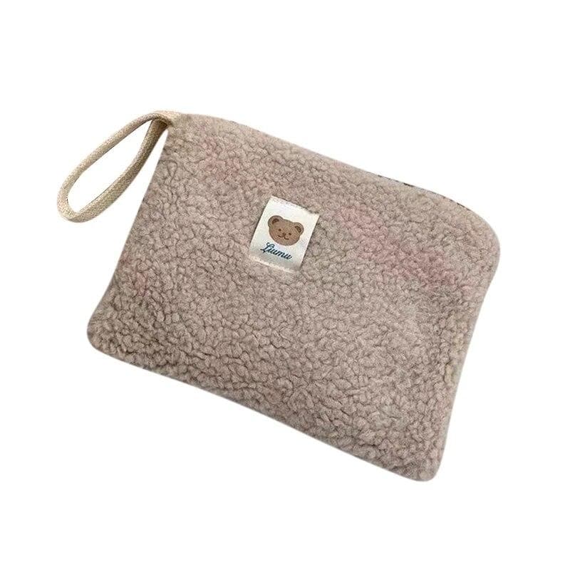Portable Plush Makeup Bag  Solid Color Cute Fur Makeup Bag For Women Travel Make Up Toiletry Bag Washing Pouch Plush Pen Pouch beige